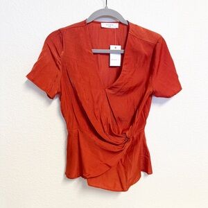 Elodie Rust Orange Satin Front Wrap Top Size XS NWT